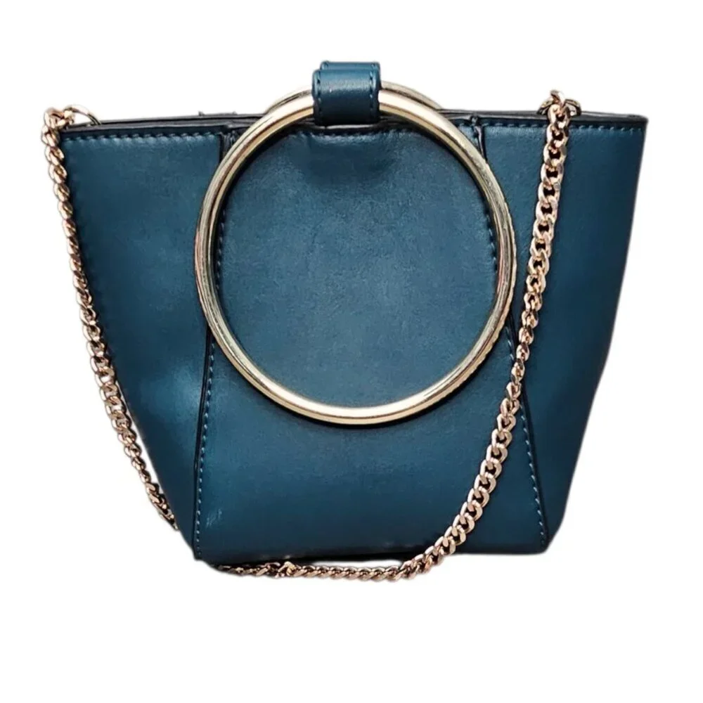 Co Lab Christopher Kon Bucket Bangle Vegan Teal Gold Heavy Chain Crossbody Bag